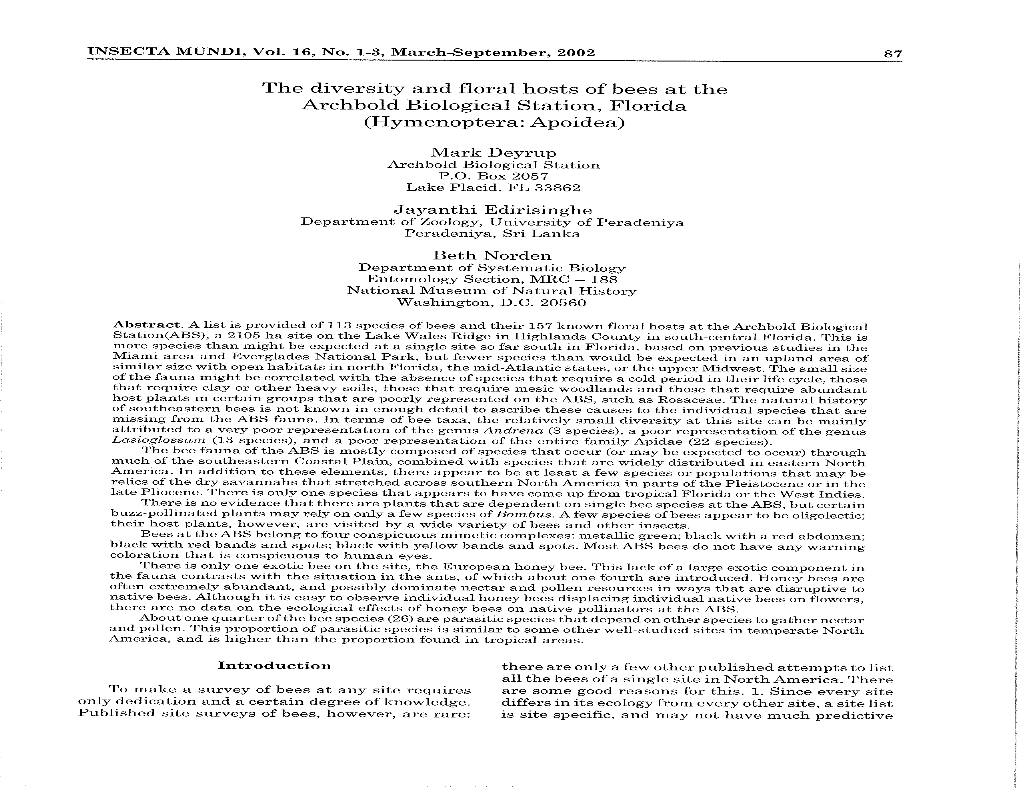 The Diversity and Floral Hosts of Bees at the Archbold Biological Station, Florida (Hymenoptera: Apoidea)