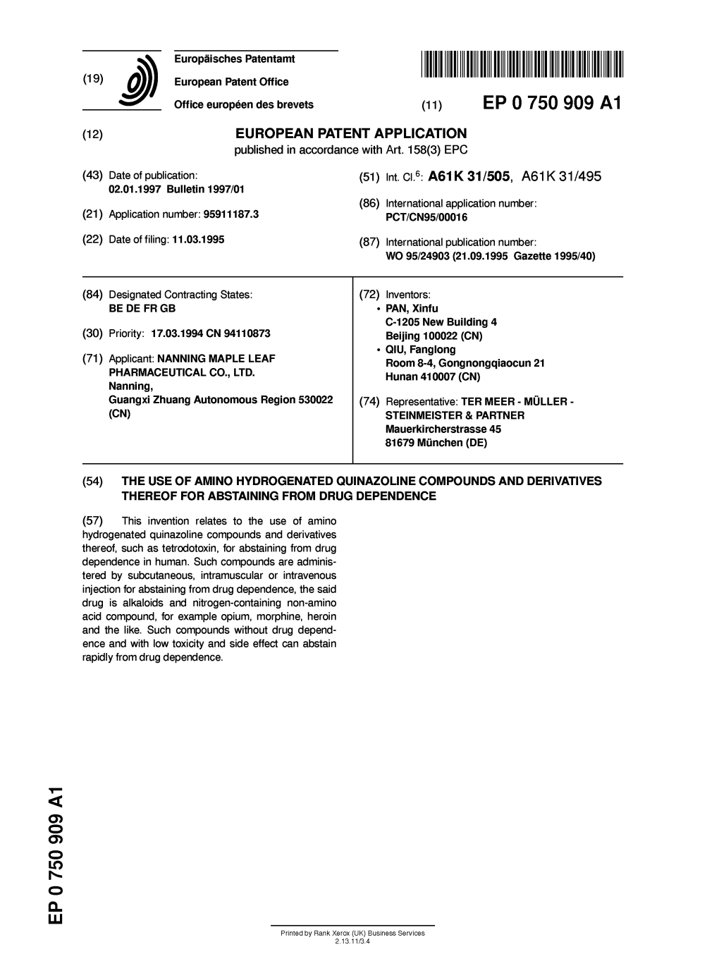 The Use of Amino Hydrogenated Quinazoline Compounds and Derivatives Thereof for Abstaining from Drug Dependence