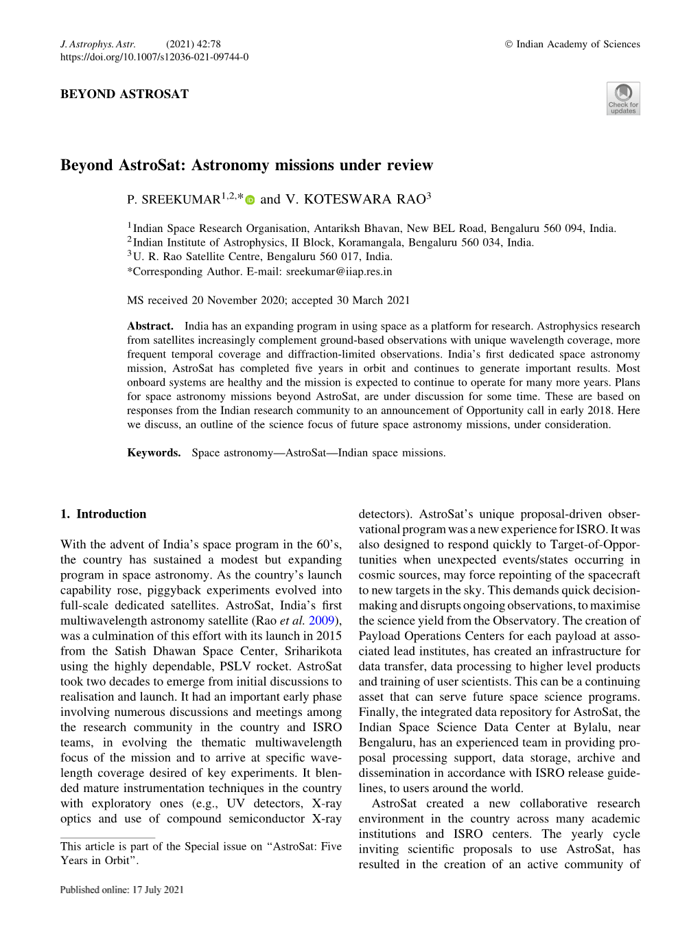 Beyond Astrosat: Astronomy Missions Under Review