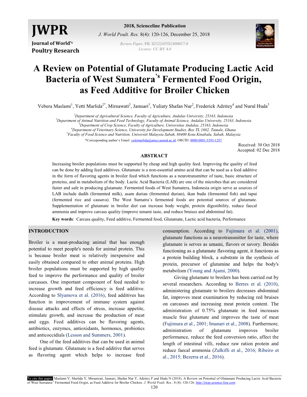 A Review on Potential of Glutamate Producing Lactic Acid Bacteria of West Sumatera's Fermented Food Origin, As Feed Additive F