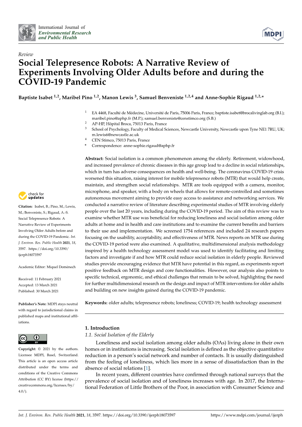 Social Telepresence Robots: a Narrative Review of Experiments Involving Older Adults Before and During the COVID-19 Pandemic