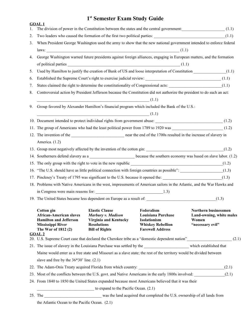 1St Semester Exam Study Guide