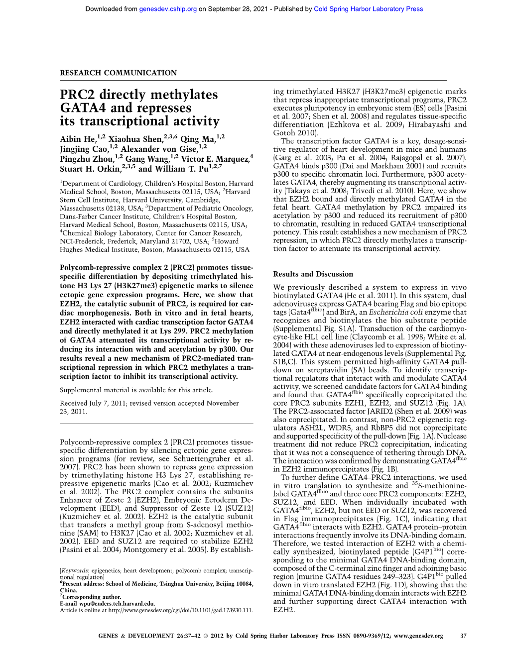 PRC2 Directly Methylates GATA4 and Represses Its Transcriptional Activity