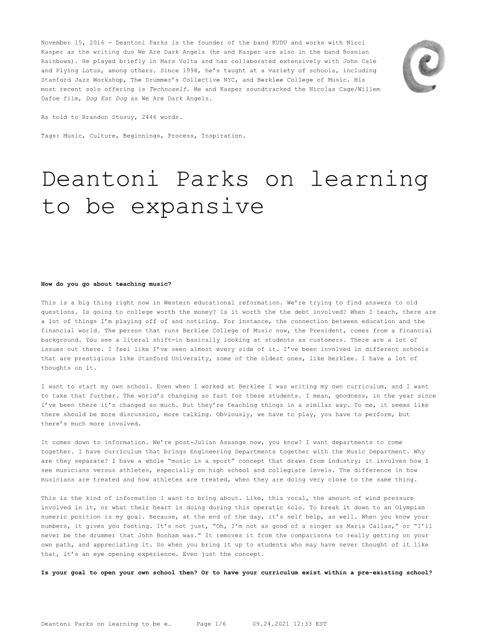 Deantoni Parks on Learning to Be Expansive