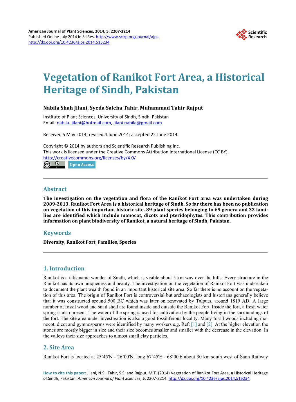 Vegetation of Ranikot Fort Area, a Historical Heritage of Sindh, Pakistan