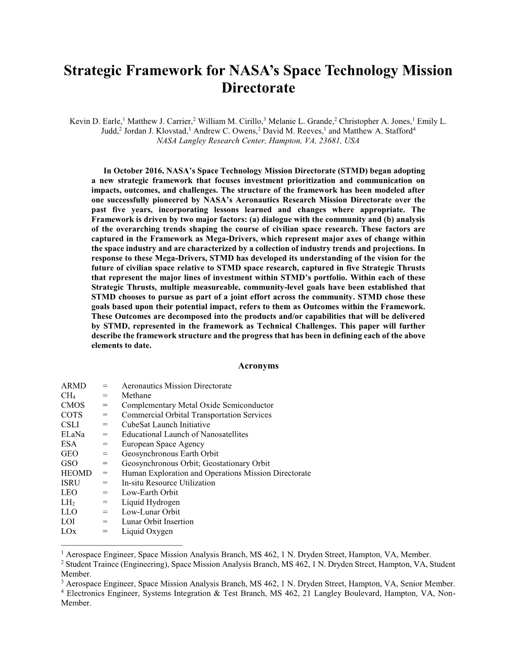 Strategic Framework for NASA's Space Technology Mission