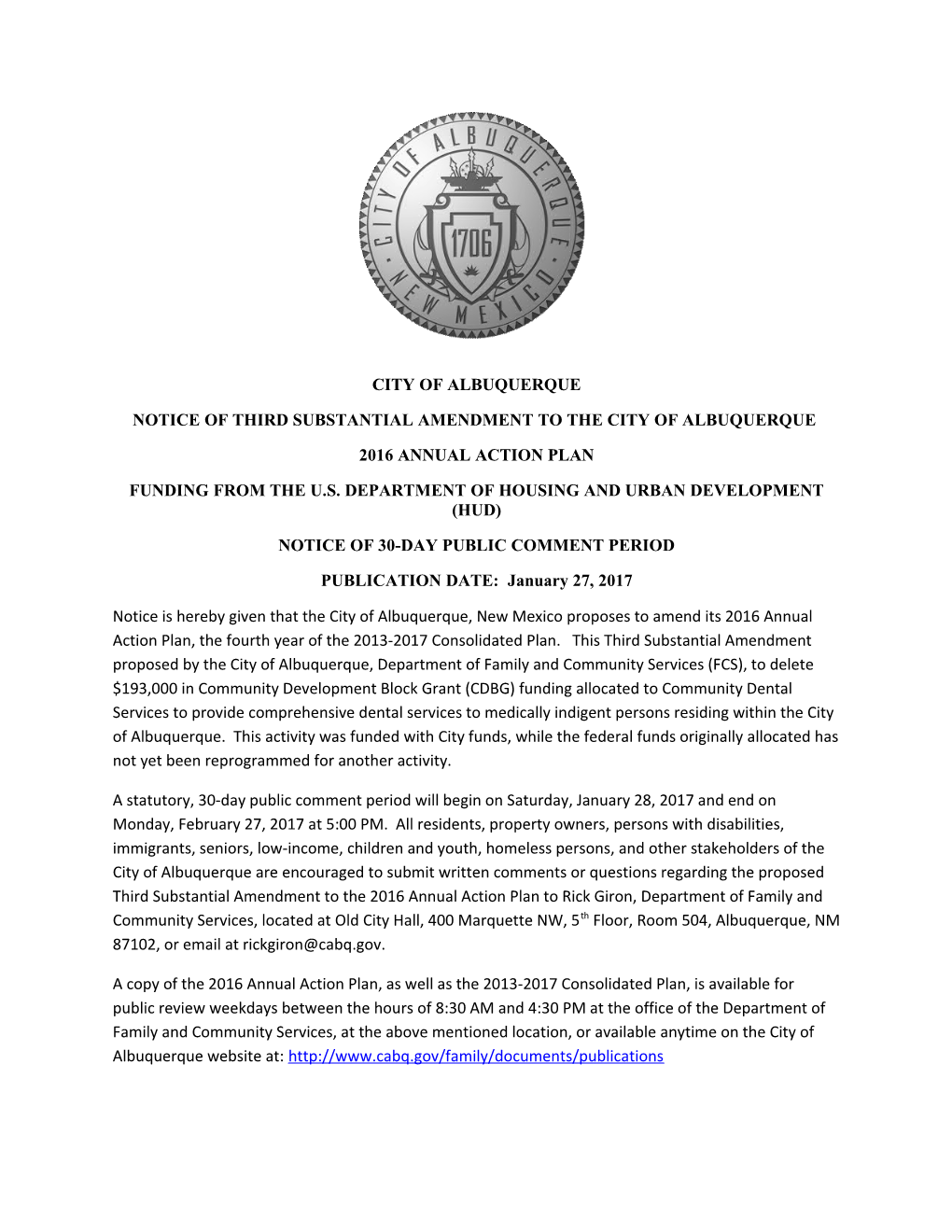 Notice of Third Substantial Amendment to the City of Albuquerque