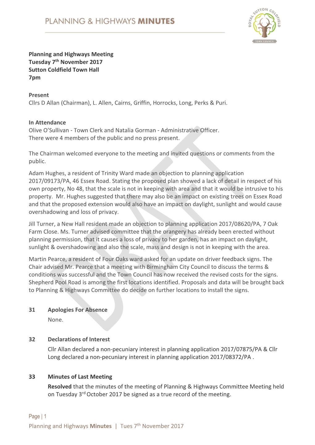 Planning and Highways Minutes | Tues 7Th November 2017