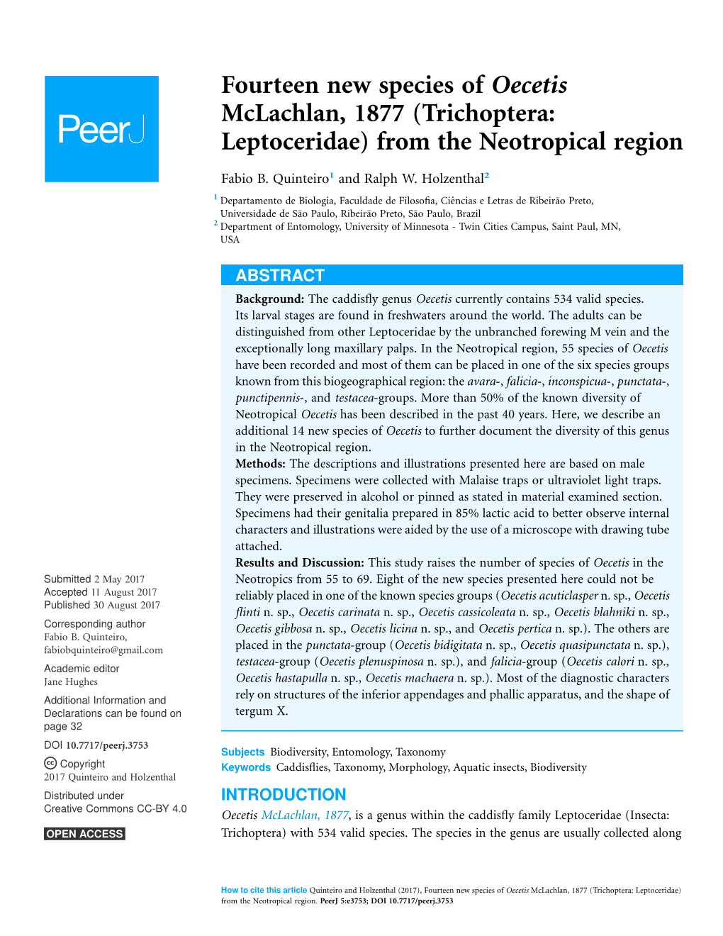 Fourteen New Species of Oecetis Mclachlan, 1877 (Trichoptera: Leptoceridae) from the Neotropical Region