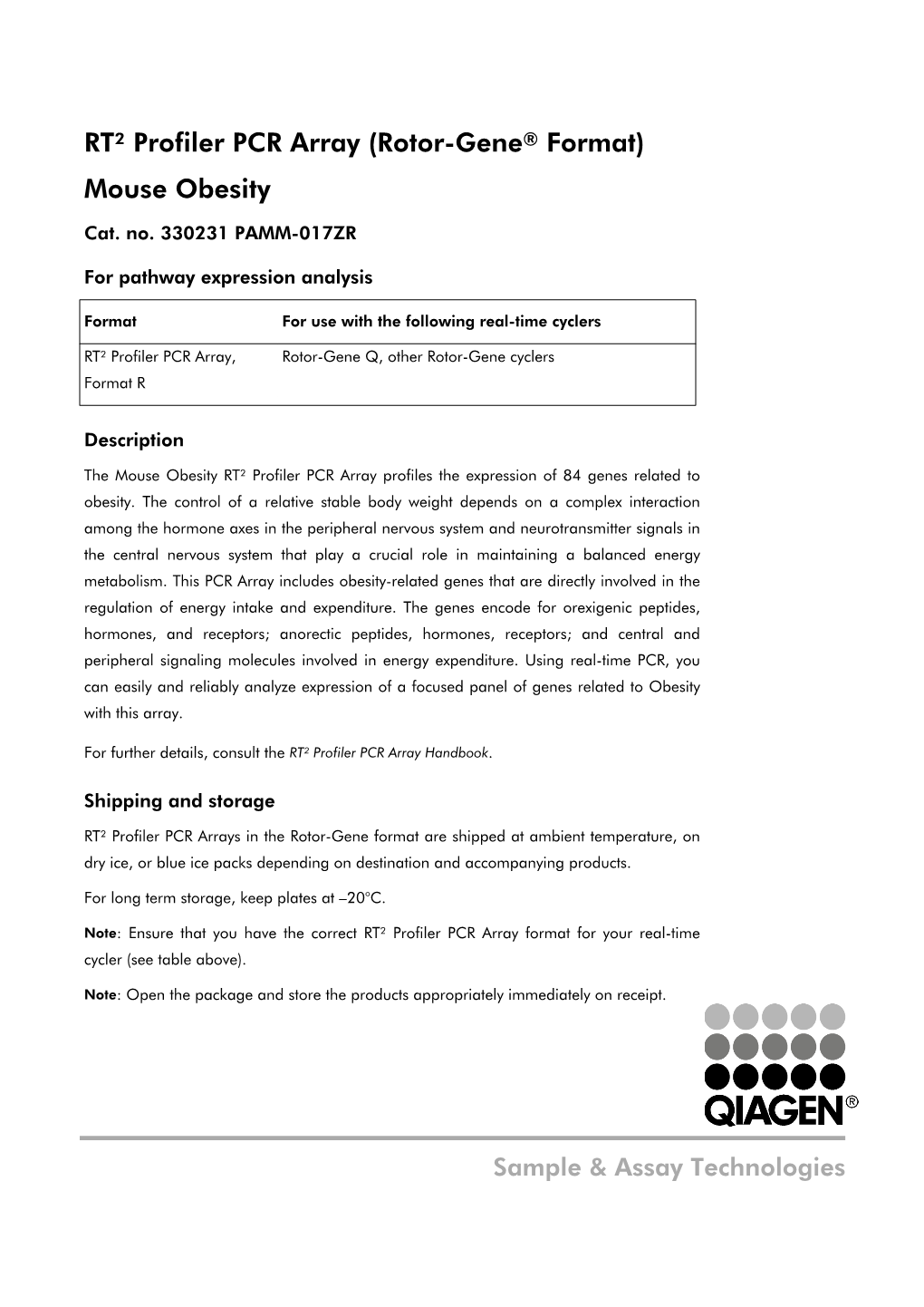 RT² Profiler PCR Array (Rotor-Gene® Format) Mouse Obesity