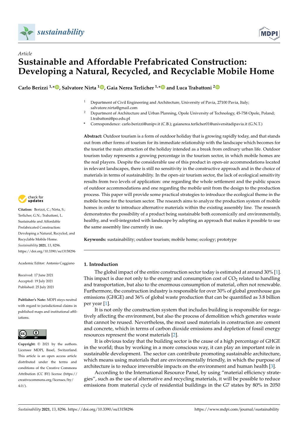 Sustainable and Affordable Prefabricated Construction: Developing a Natural, Recycled, and Recyclable Mobile Home