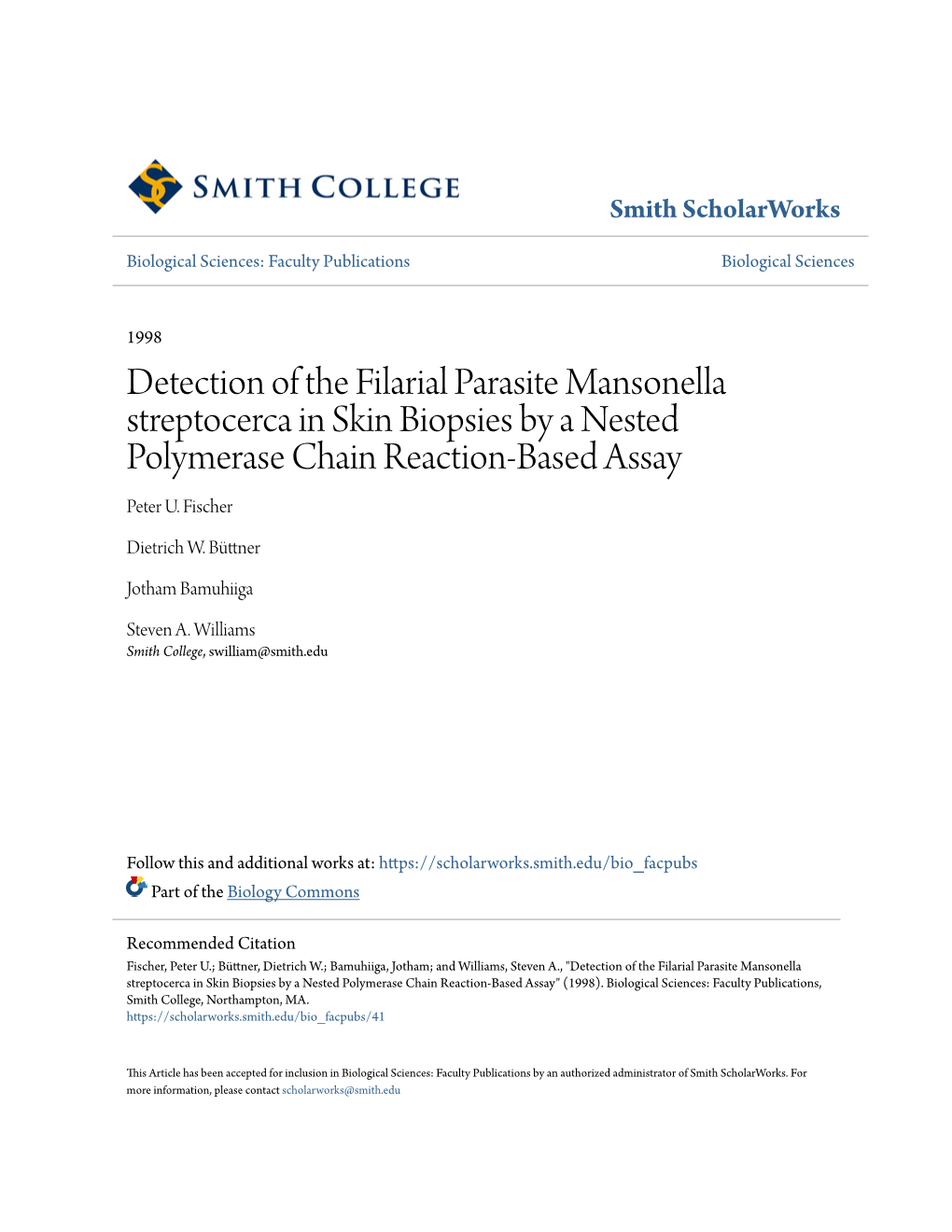 Detection of the Filarial Parasite Mansonella Streptocerca in Skin Biopsies by a Nested Polymerase Chain Reaction-Based Assay Peter U