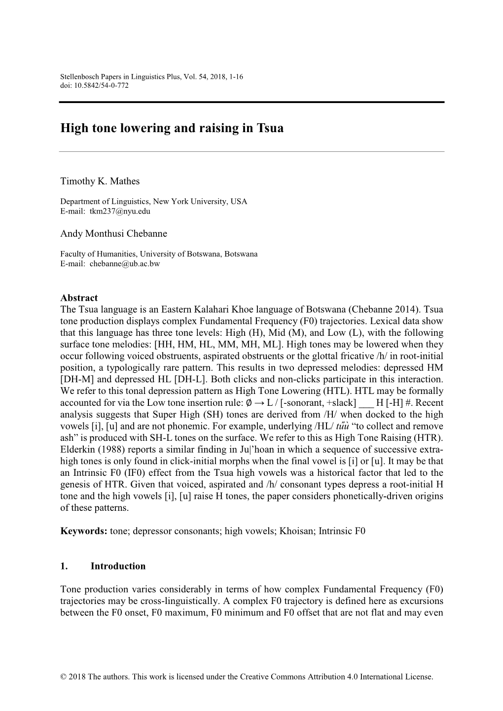 High Tone Lowering and Raising in Tsua