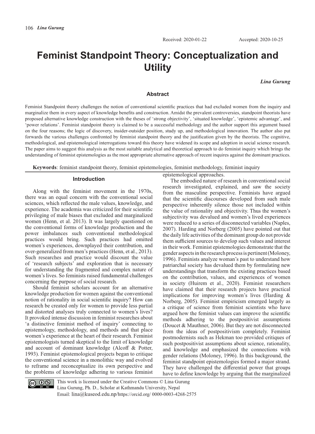 Feminist Standpoint Theory: Conceptualization and Utility Lina Gurung