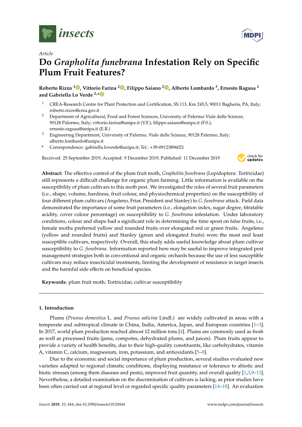 Do Grapholita Funebrana Infestation Rely on Specific Plum Fruit