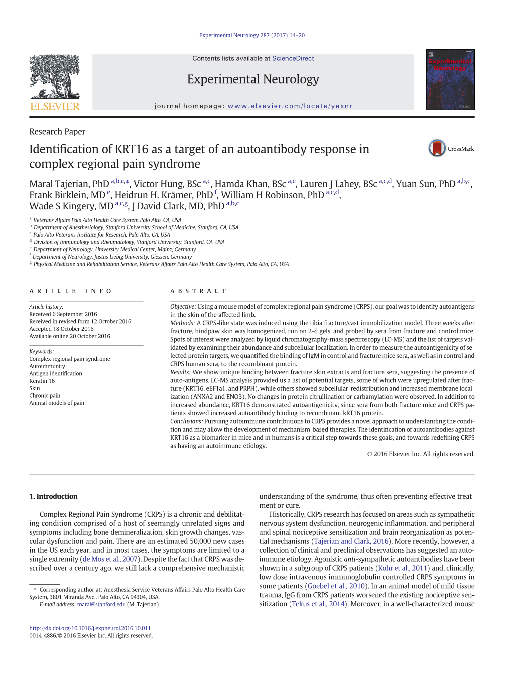 Identification of KRT16 As a Target of an Autoantibody Response in Complex Regional Pain Syndrome