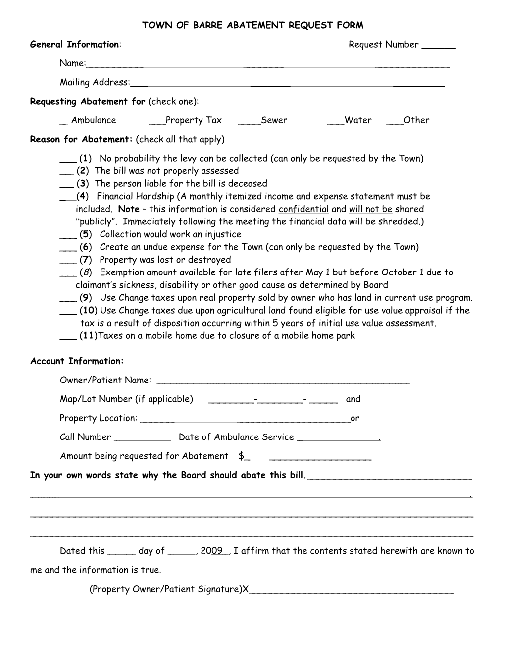 Town of Barre Abatement Request Form