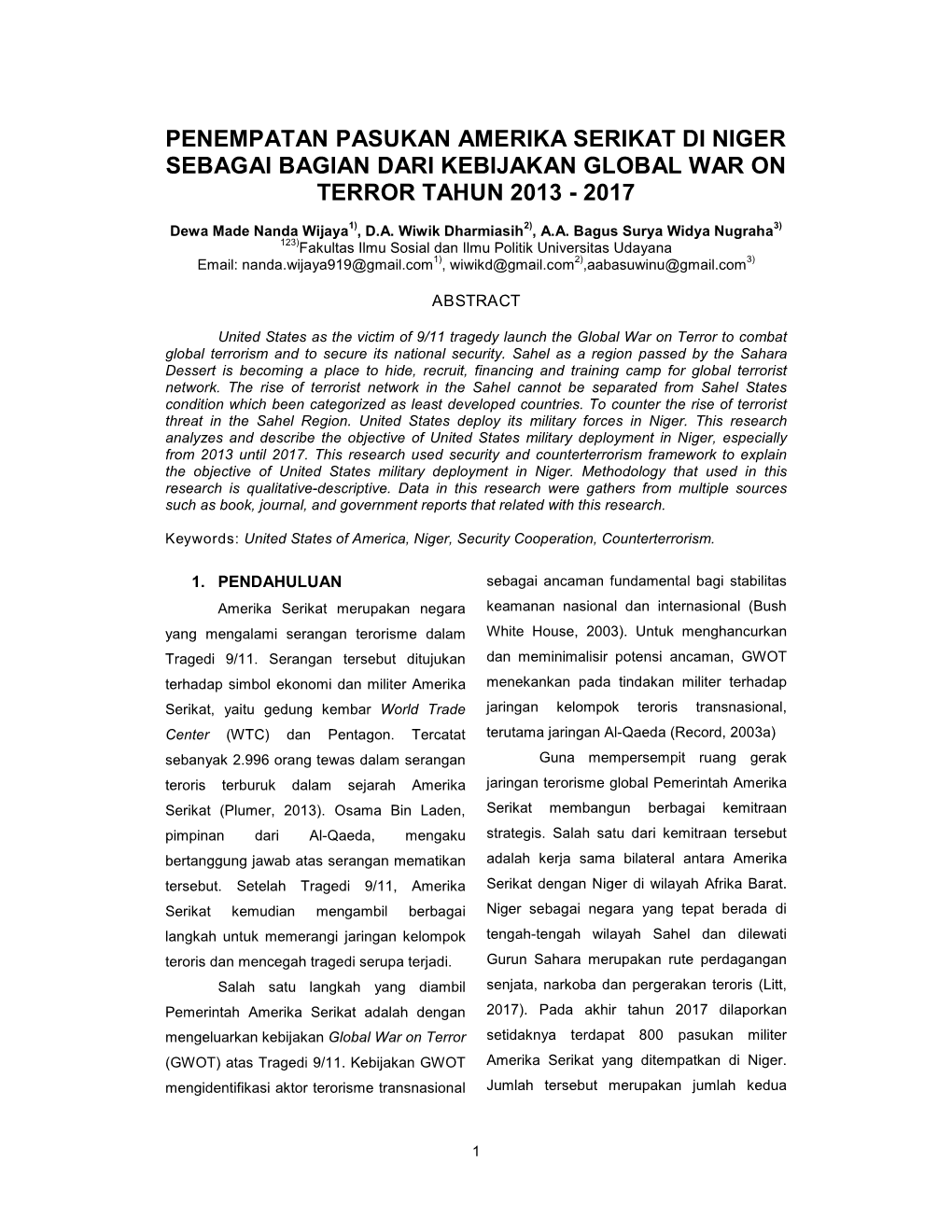 Penempatan Pasukan Amerika Serikat Di Niger Sebagai Bagian Dari Kebijakan Global War on Terror Tahun 2013 - 2017