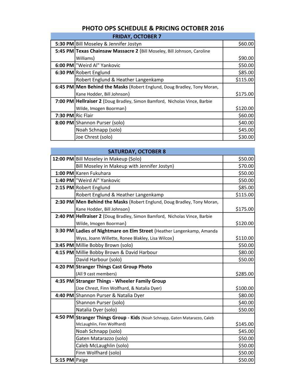 Photo Ops Schedule & Pricing October 2016