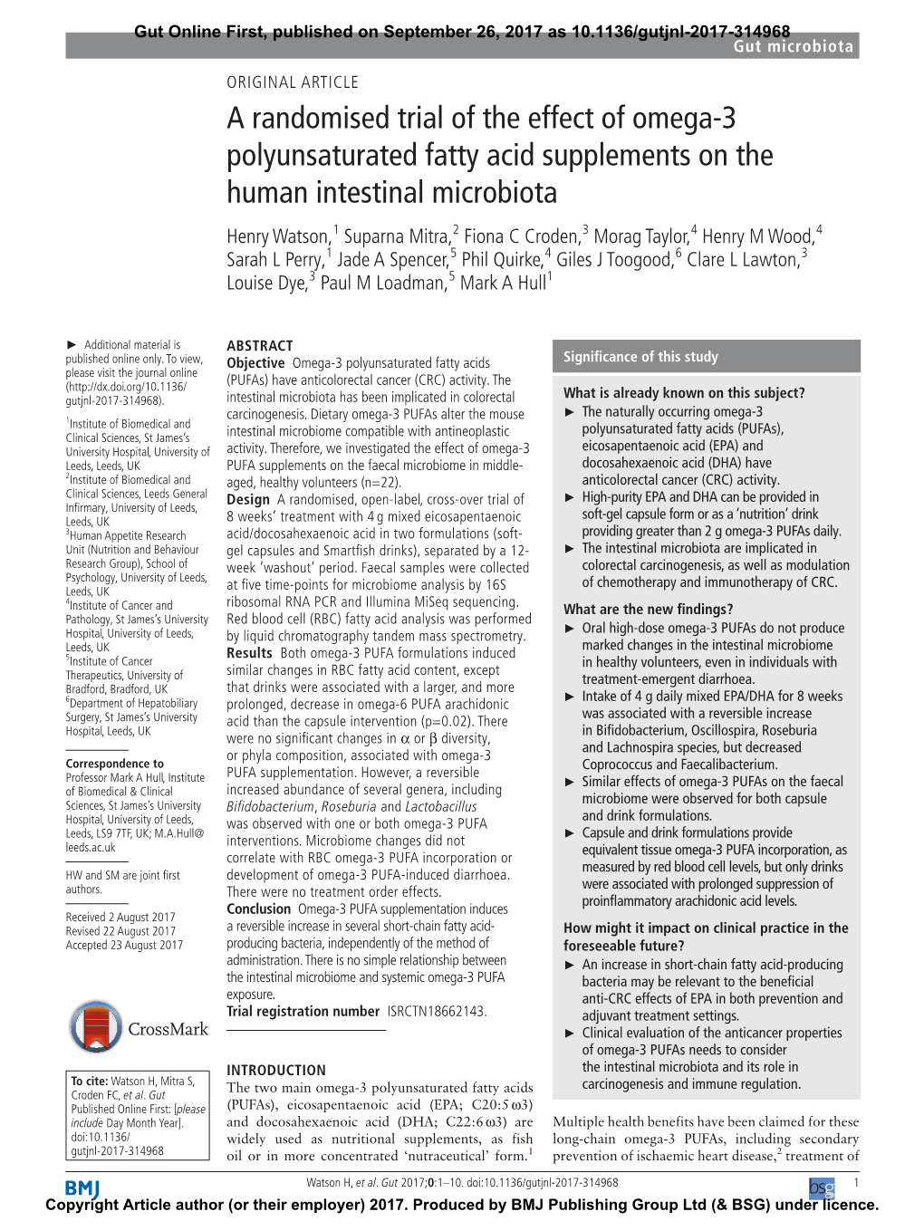 A Randomised Trial of the Effect of Omega-3 Polyunsaturated Fatty Acid Supplements on the Human Intestinal Microbiota