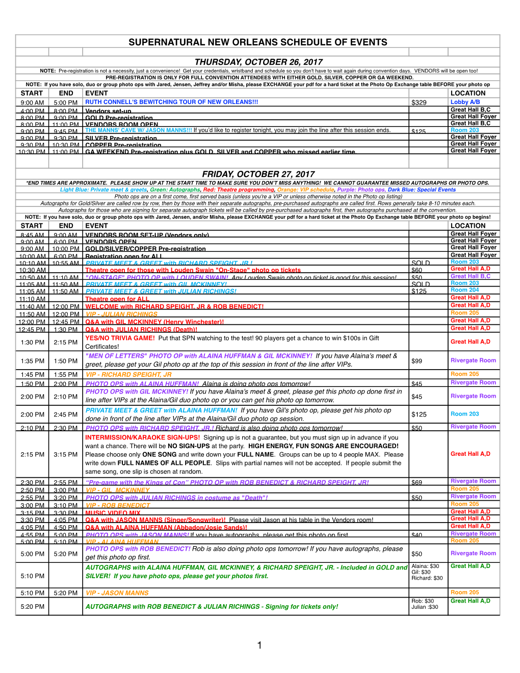 Supernatural New Orleans Schedule of Events