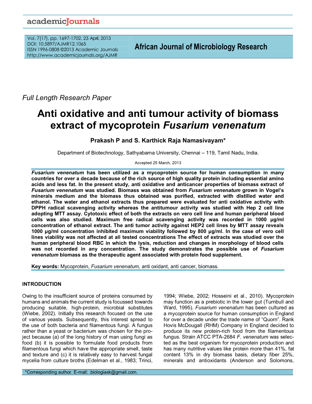 Anti Oxidative and Anti Tumour Activity of Biomass Extract of Mycoprotein Fusarium Venenatum