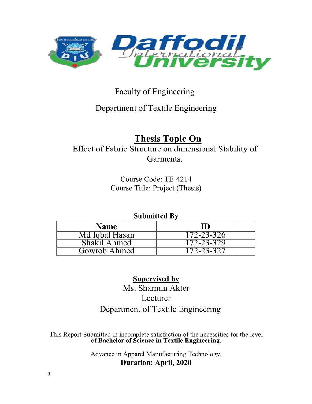 Thesis Topic on Effect of Fabric Structure on Dimensional Stability of Garments