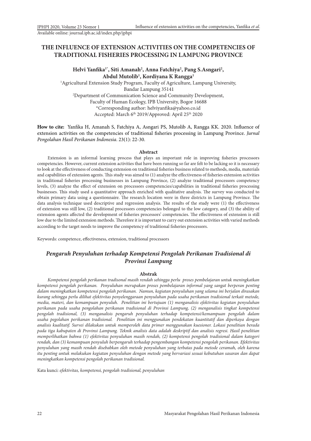 The Influence of Extension Activities on the Competencies of Traditional Fisheries Processing in Lampung Province