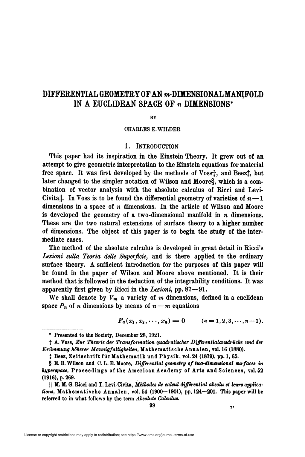 DIFFERENTIAL GEOMETRY of an M-DIMENSIONAL MANIFOLD in A