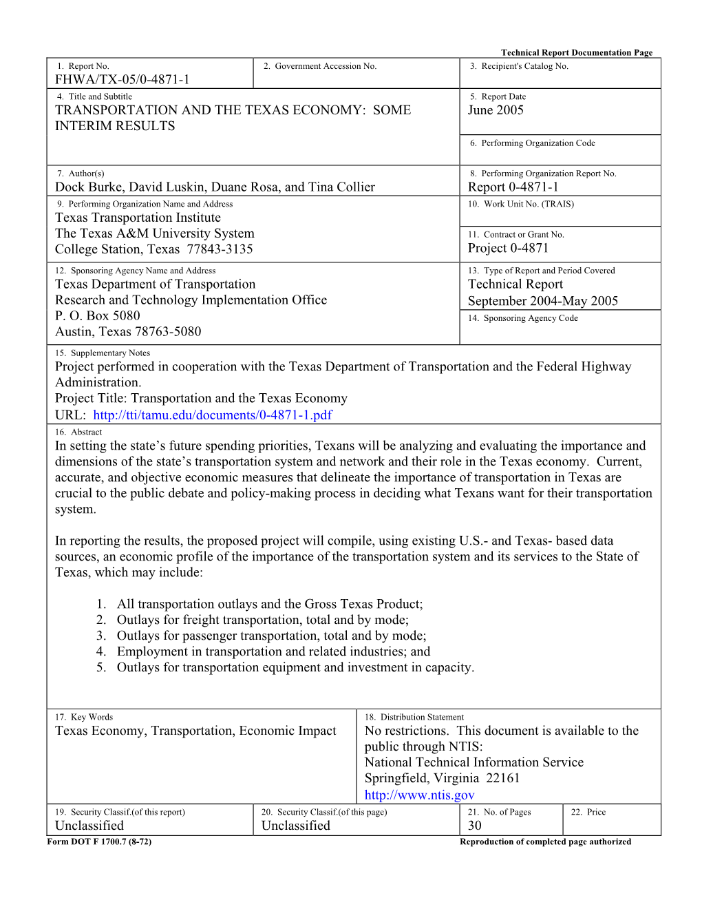 Transportation and the Texas Economy: Some Interim Results