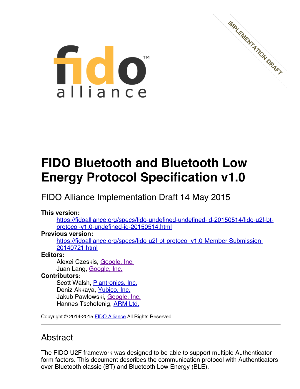 FIDO Bluetooth and Bluetooth Low Energy Protocol Specification V1.0