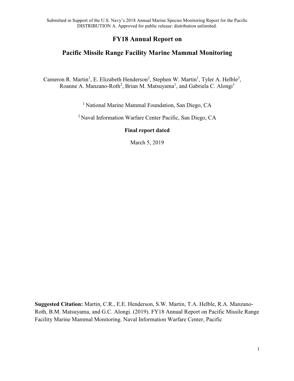 SPAWAR FY18 PMRF Marine Mammal Monitoring