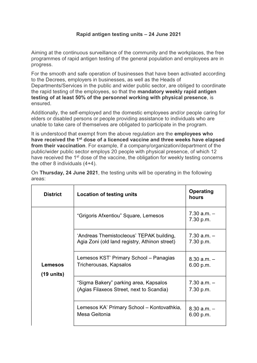 Rapid Antigen Testing Units – 24 June 2021