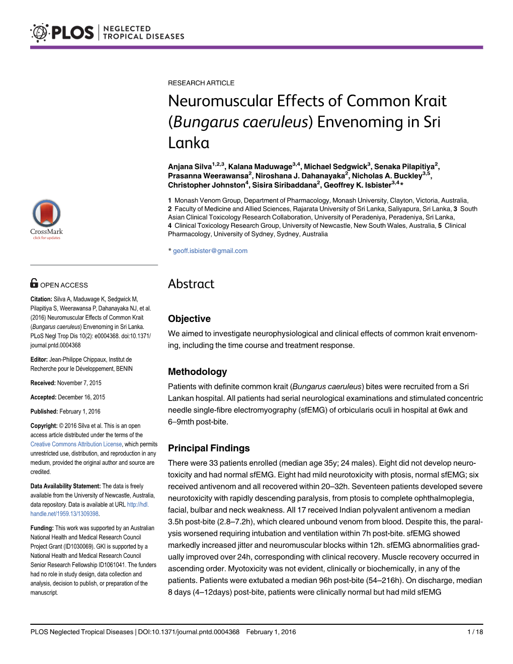 Neuromuscular Effects of Common Krait (Bungarus Caeruleus) Envenoming in Sri Lanka