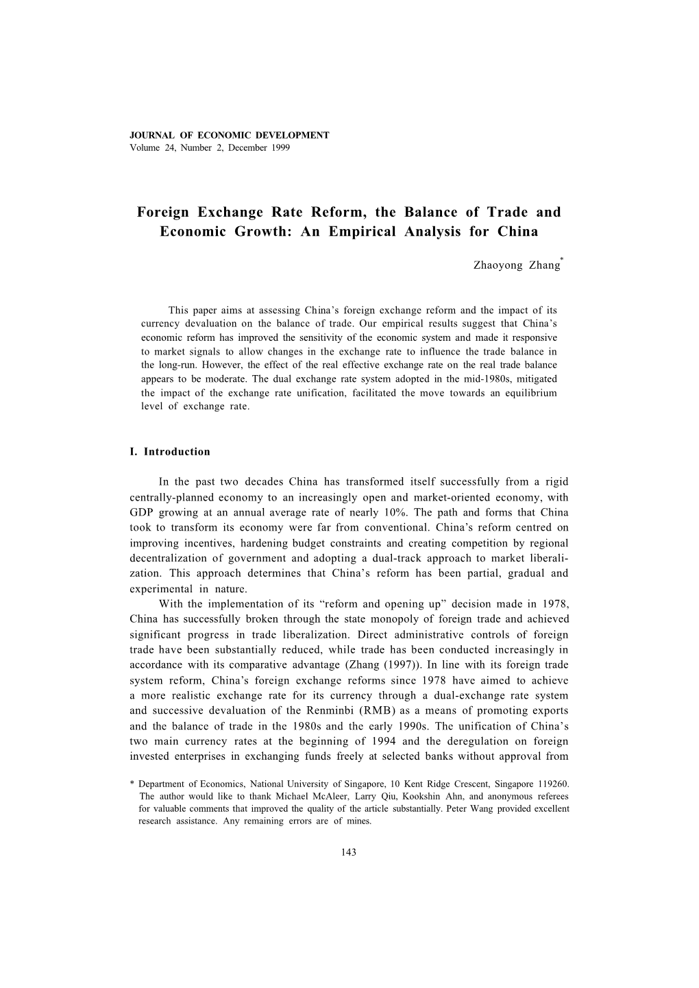 Foreign Exchange Rate Reform, the Balance of Trade and Economic Growth: an Empirical Analysis for China