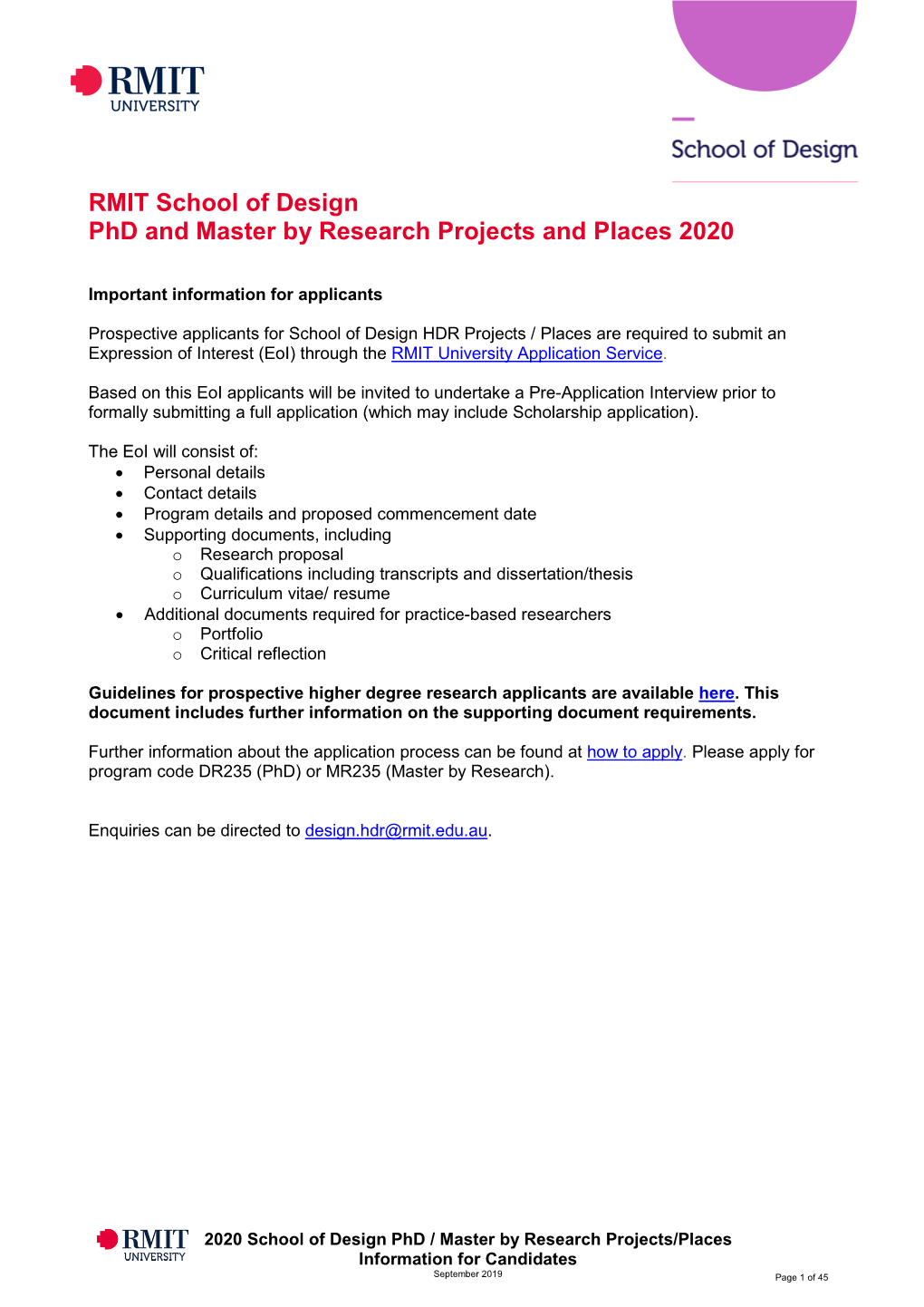 RMIT School of Design Phd and Master by Research Projects and Places 2020