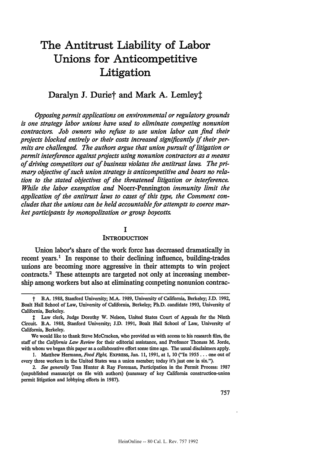 Durie, Daralyn J. and Lemley, Mark A., the Antitrust Liability of Labor