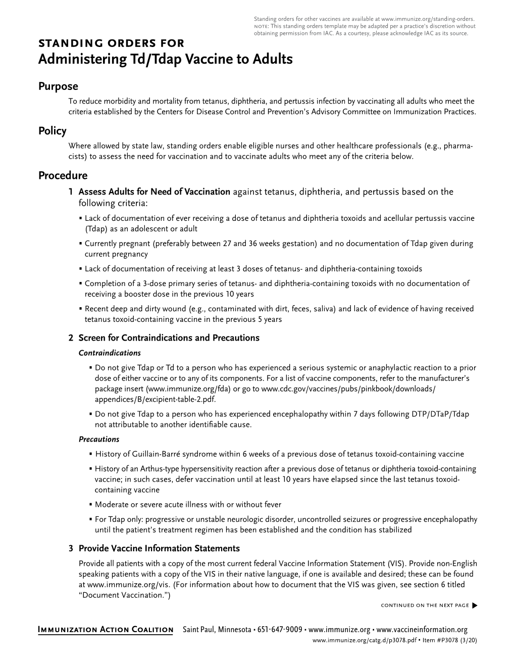 Standing Orders for Administering Td/Tdap Vaccine to Adults