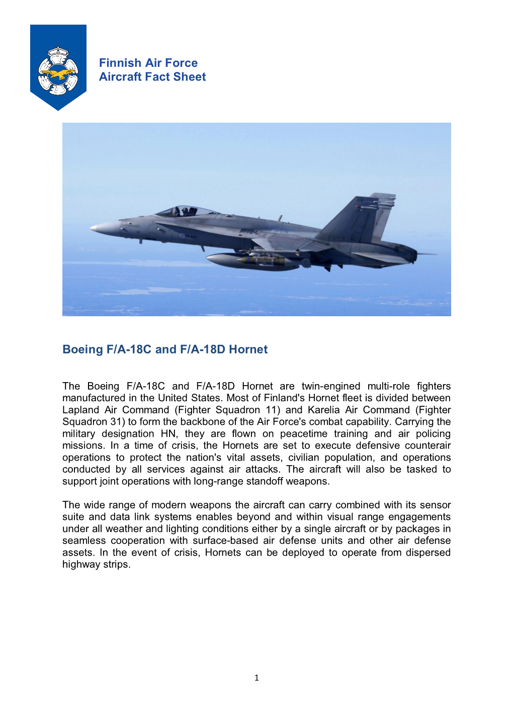 Finnish Air Force Aircraft Fact Sheet Boeing F/A-18C and F/A-18D Hornet