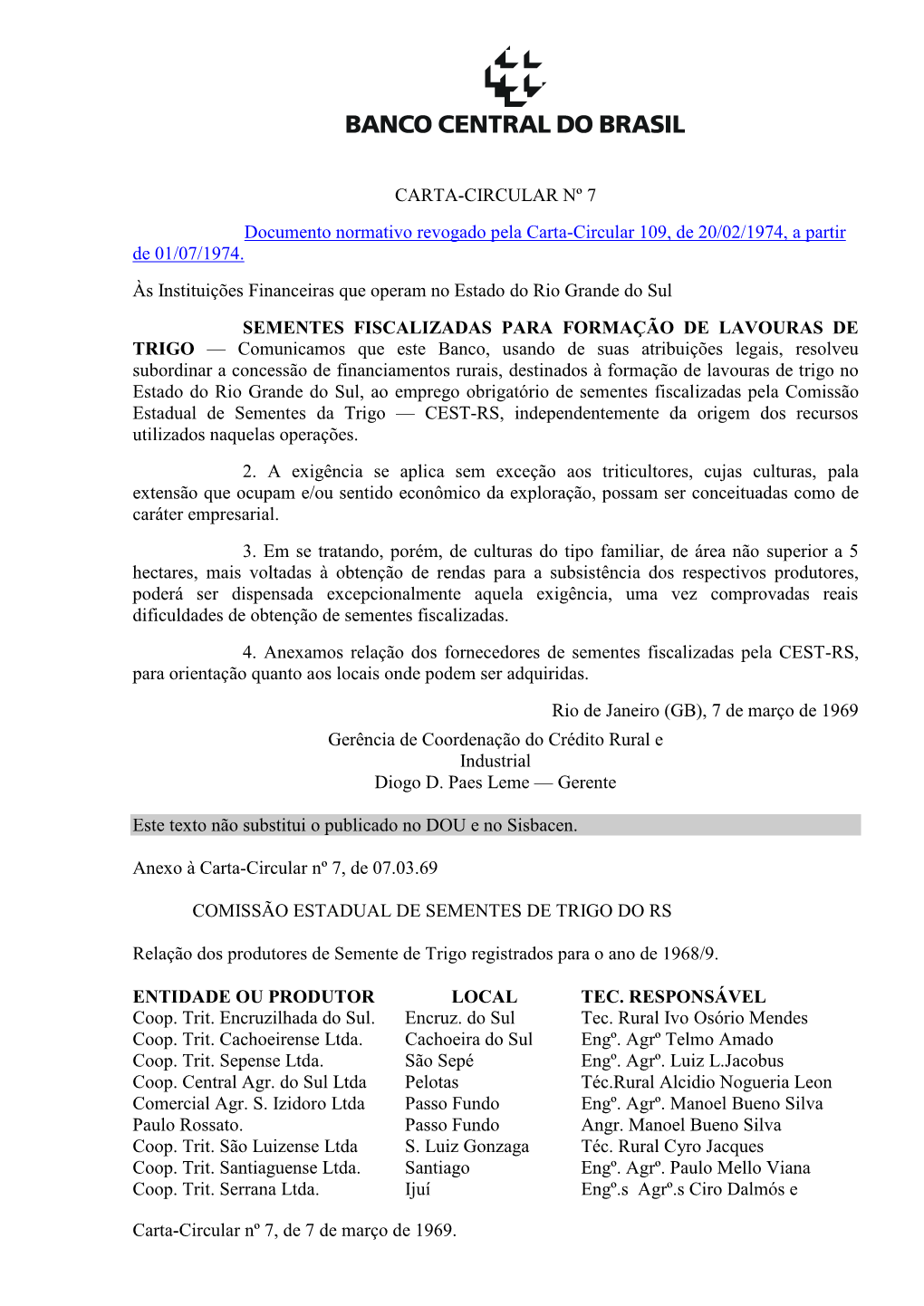 CARTA-CIRCULAR Nº 7 Documento Normativo Revogado Pela Carta-Circular 109, De 20/02/1974, a Partir De 01/07/1974