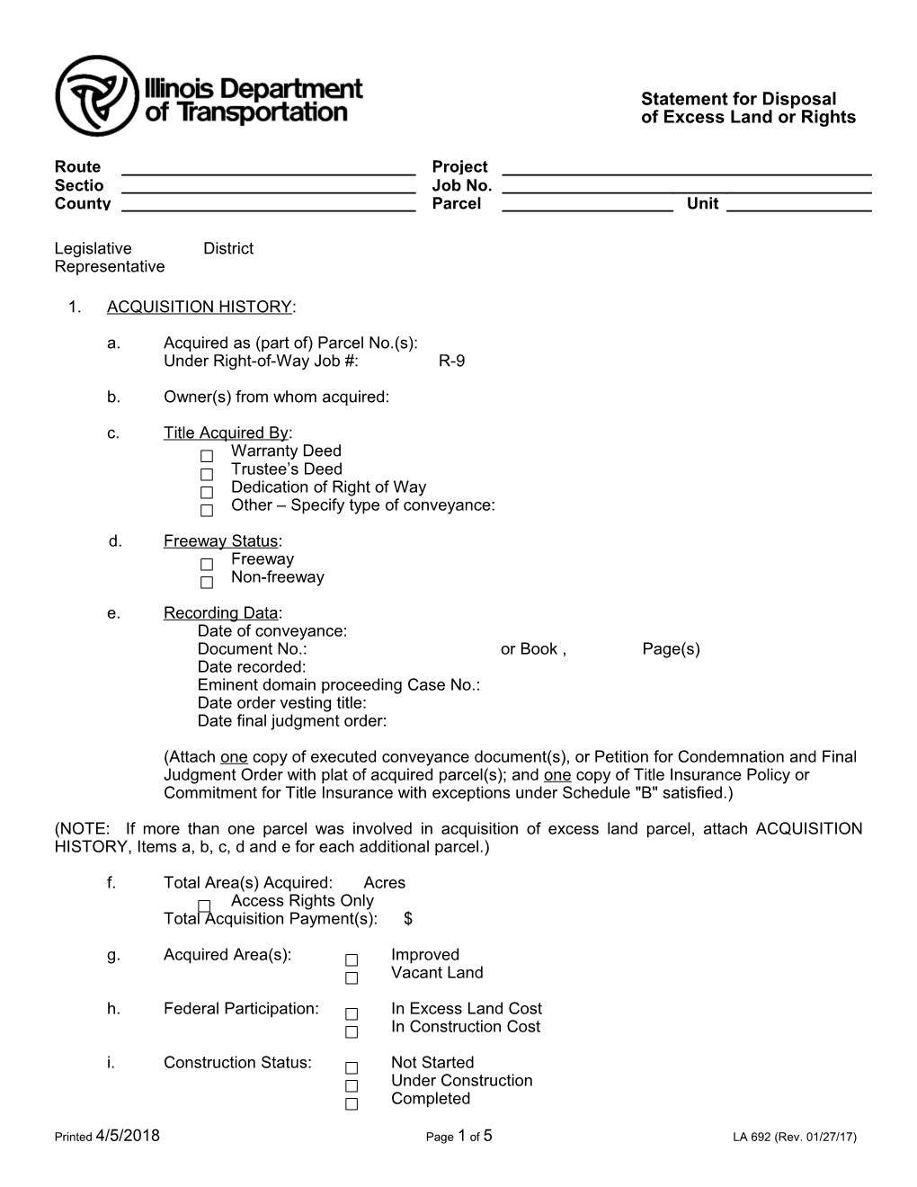 Statement for Disposal of Excess Lands Or Rights