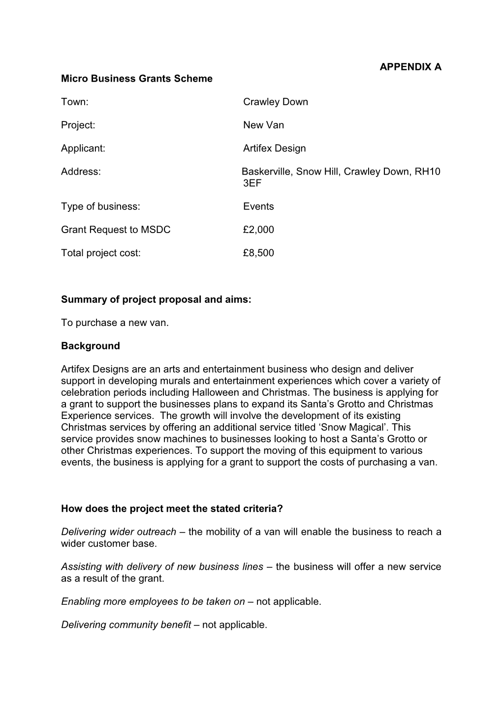 APPENDIX a Micro Business Grants Scheme Town: Crawley Down Project