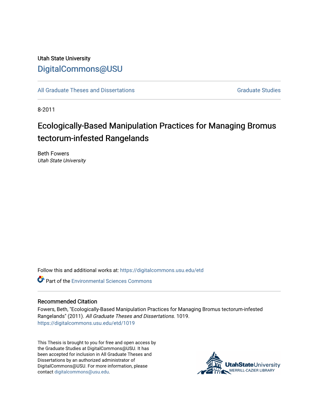 Ecologically-Based Manipulation Practices for Managing Bromus Tectorum-Infested Rangelands