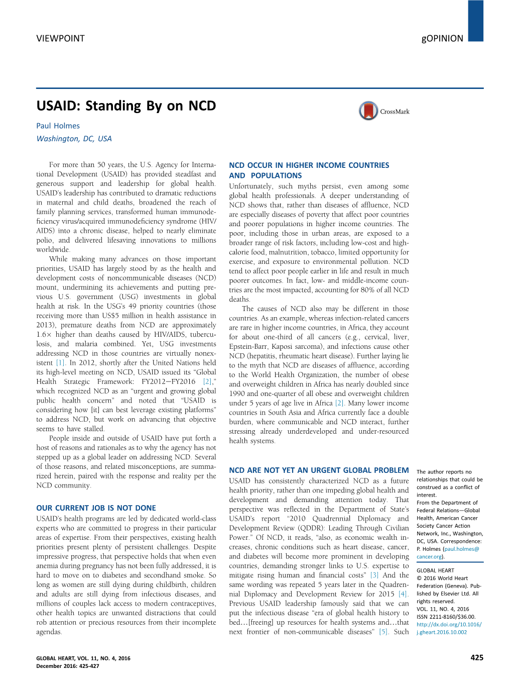 USAID: Standing by on NCD Paul Holmes Washington, DC, USA