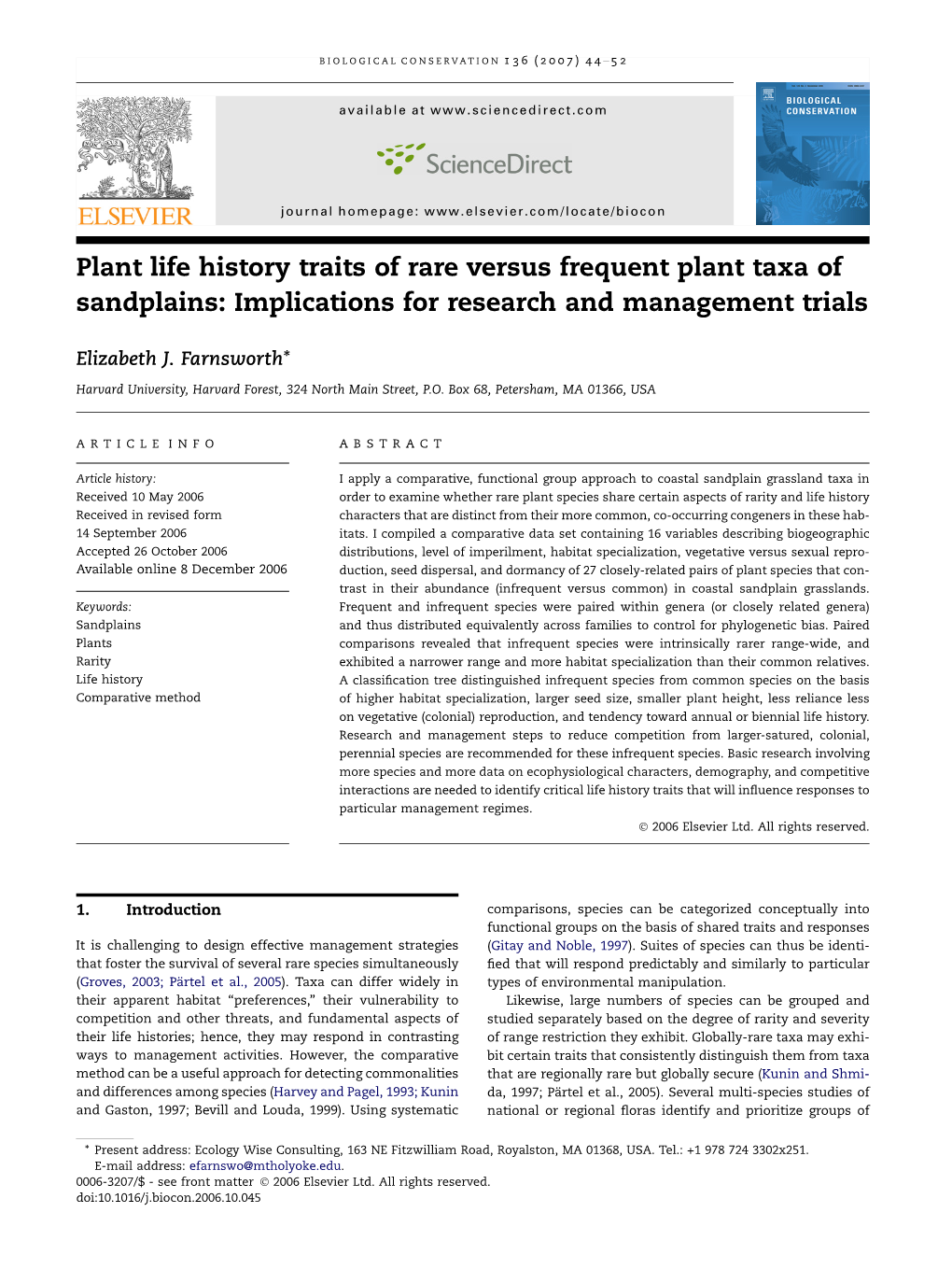 Plant Life History Traits of Rare Versus Frequent Plant Taxa of Sandplains: Implications for Research and Management Trials