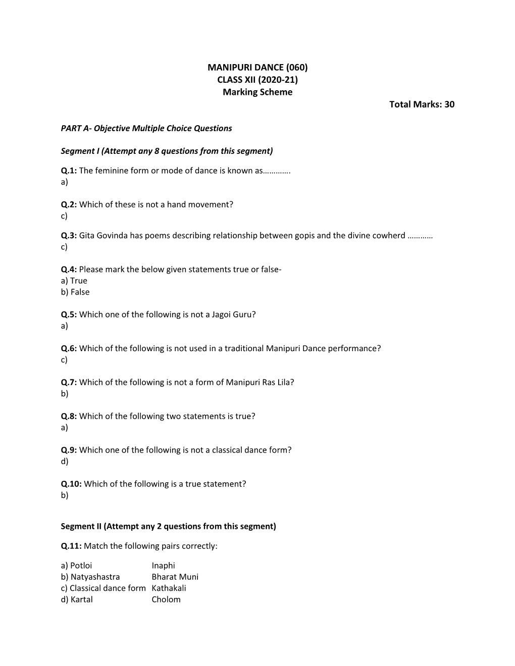 MANIPURI DANCE (060) CLASS XII (2020-21) Marking Scheme Total Marks: 30