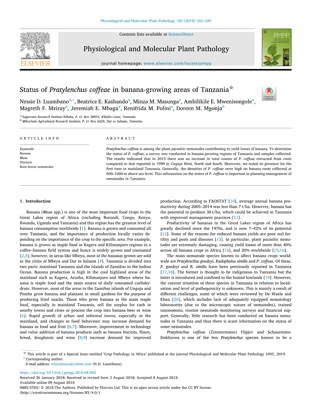 Status of Pratylenchus Coffeae in Banana-Growing Areas of Tanzania T ∗ Nessie D