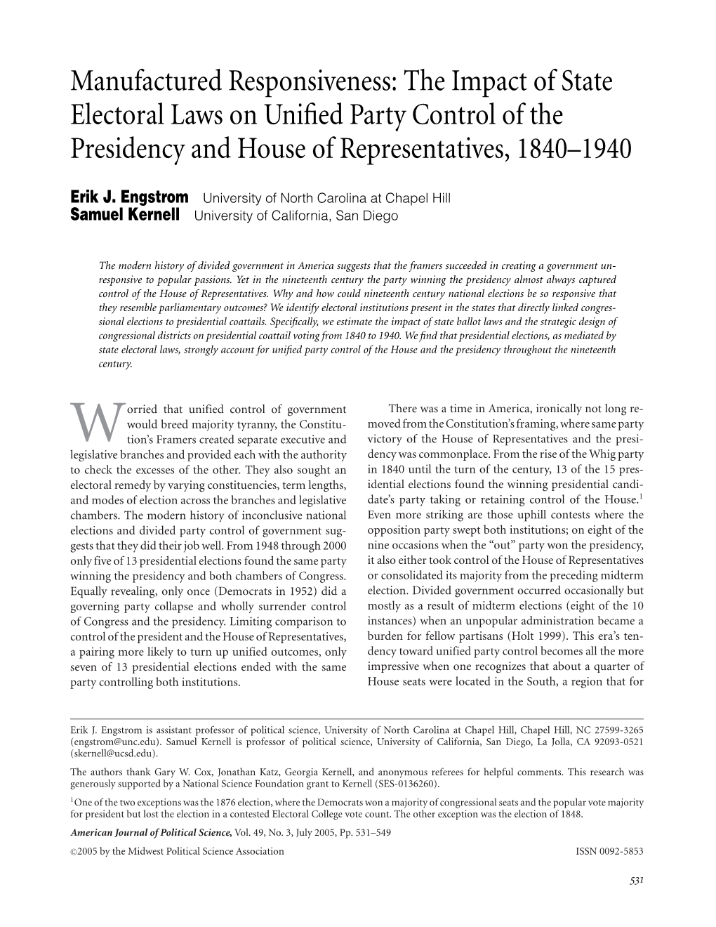 Manufactured Responsiveness: the Impact of State Electoral Laws on Uniﬁed Party Control of the Presidency and House of Representatives, 1840–1940