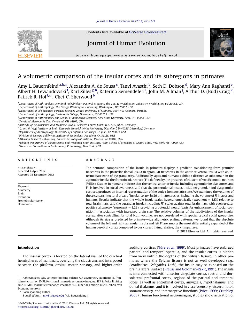 A Volumetric Comparison of the Insular Cortex and Its Subregions in Primates