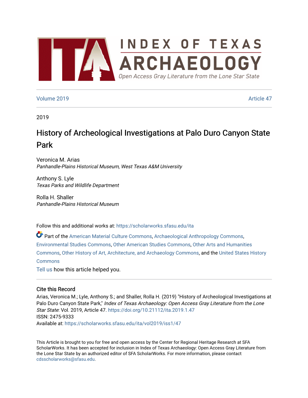 History of Archeological Investigations at Palo Duro Canyon State Park